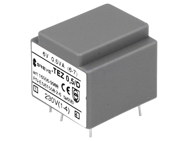 Transformator: ingegoten; 0,5VA; 230VAC; 6V; 83,3mA; PCB; IP00; TEZ Transformator: ingegoten; 0,5VA; 230VAC; 6V; 83,3mA; PCB; IP00; TEZ